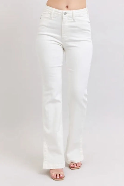 Judy Blue High Waist Side Slit Slim Bootcut White Jeans