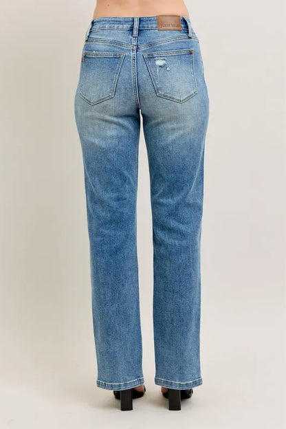 Judy Blue High Waist Vintage Wash Front Seam & Slit Straight Leg Jeans