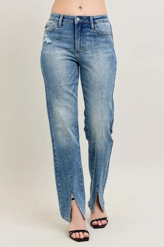 Judy Blue High Waist Vintage Wash Front Seam & Slit Straight Leg Jeans