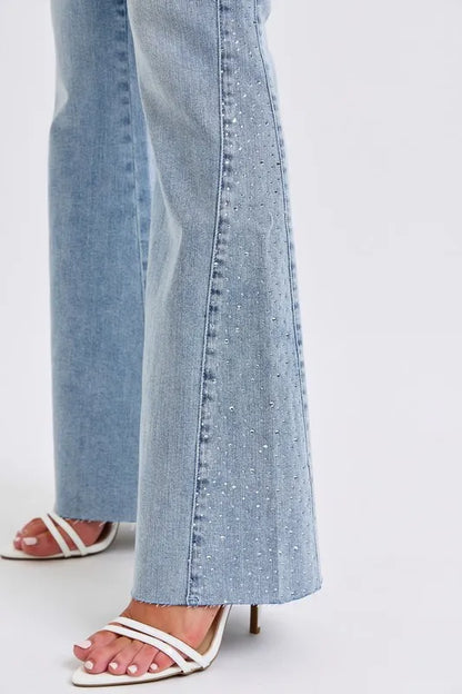 Judy Blue Mid Rise Rhinestone Side Panel Detail Flare Jeans