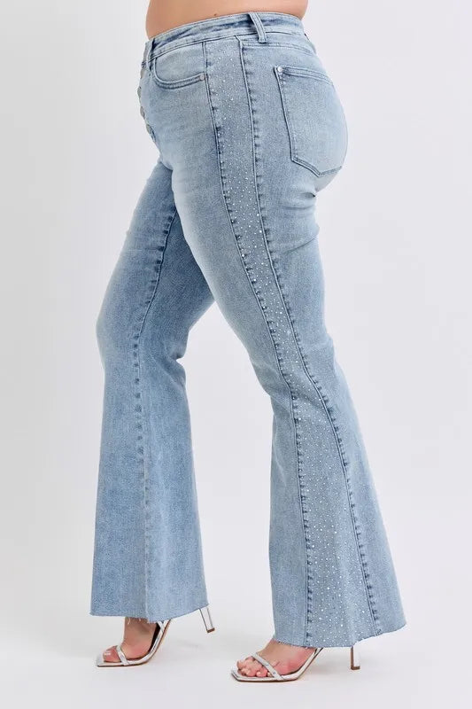 Judy Blue Mid Rise Rhinestone Side Panel Detail Flare Jeans