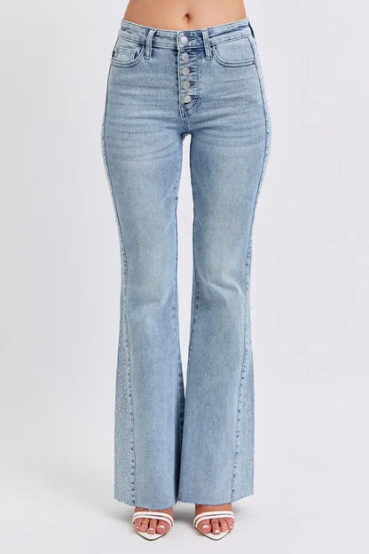 Judy Blue Mid Rise Rhinestone Side Panel Detail Flare Jeans