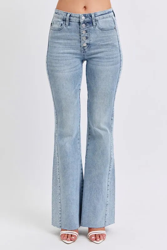 Judy Blue Mid Rise Rhinestone Side Panel Detail Flare Jeans