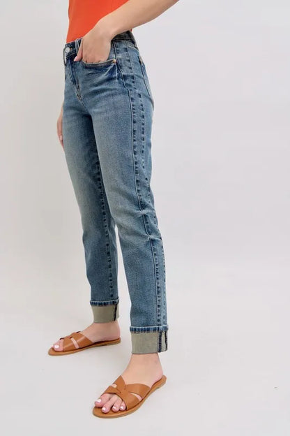 Judy Blue Mid Rise Vintage Wash Double Roll Cuff Boyfriend Jeans