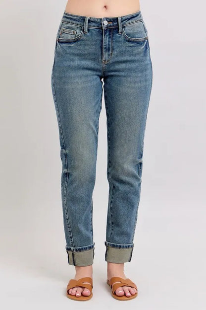Judy Blue Mid Rise Vintage Wash Double Roll Cuff Boyfriend Jeans