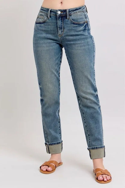 Judy Blue Mid Rise Vintage Wash Double Roll Cuff Boyfriend Jeans