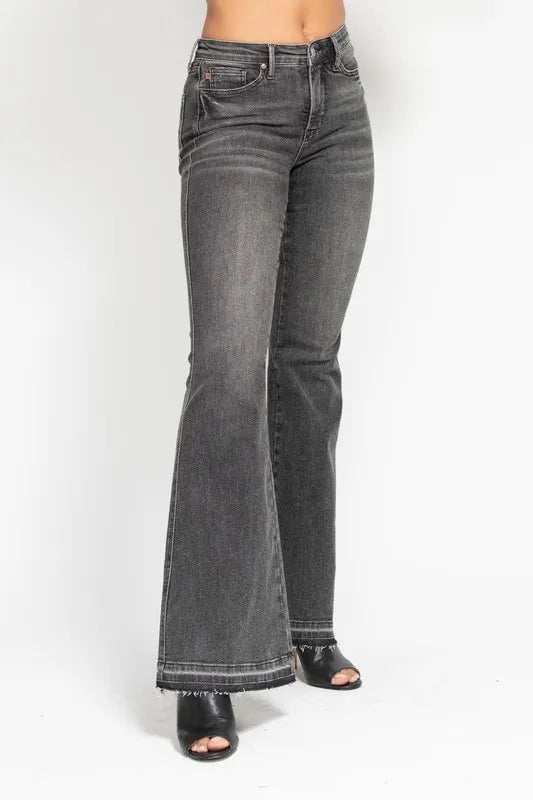 Judy Blue Mid Rise Washed Gray Release Hem Flare Jeans