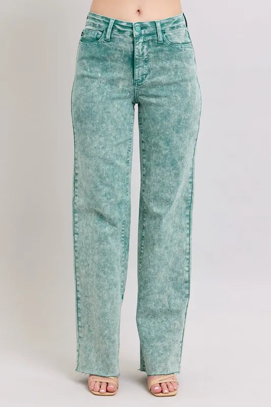 Judy Blue Sea Green High Waist Garment Dyed Raw Hem Dad Jeans