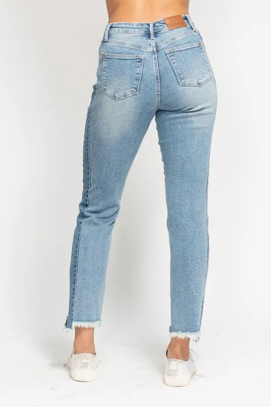 Judy Blue Vintage Wash Side Panel Detail with Fray Hem Slim Fit Jeans