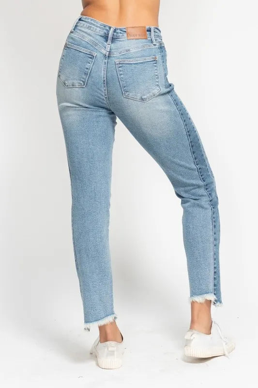 Judy Blue Vintage Wash Side Panel Detail with Fray Hem Slim Fit Jeans