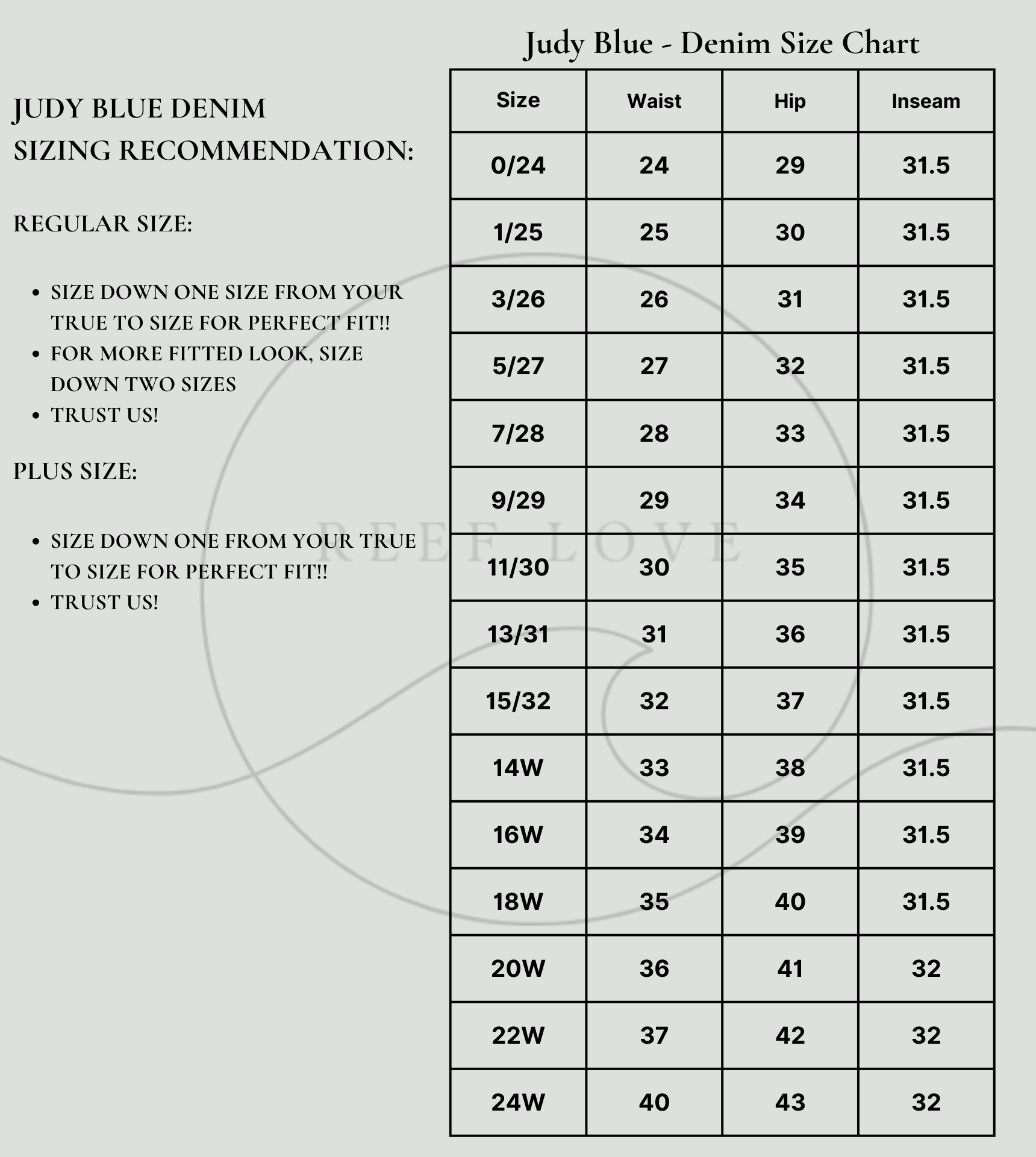 judy blue jeans size chart