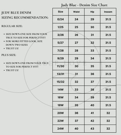 judy blue jeans size chart