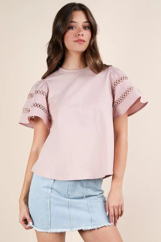 Lace Trim Sleeve Top in Blush