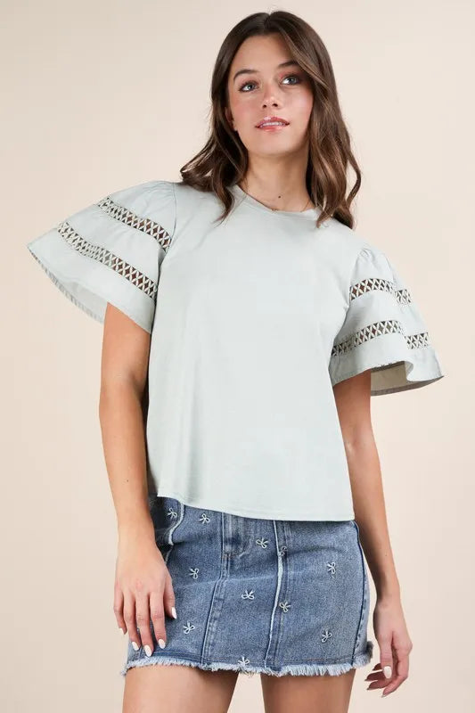 Lace Trim Sleeve Top in Sage