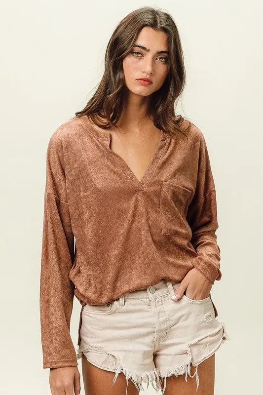 Loop Terry Solid V Neck Pocket Top