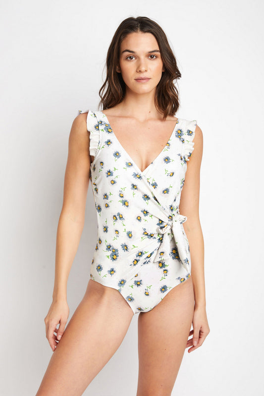 Marina West Swim Float On Ruffle Faux Wrap One-Piece in Daisy Cream-One Piece Swimsuit-Reef Love