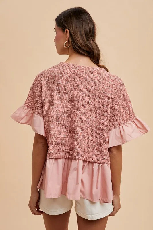 Mix Media Ruffle Textured Knit Top