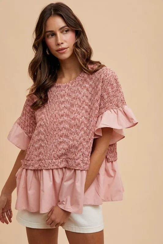 Mix Media Ruffle Textured Knit Top
