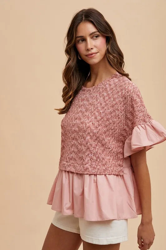 Mix Media Ruffle Textured Knit Top