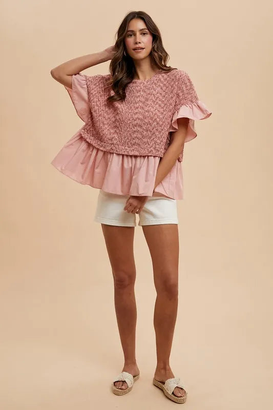 Mix Media Ruffle Textured Knit Top