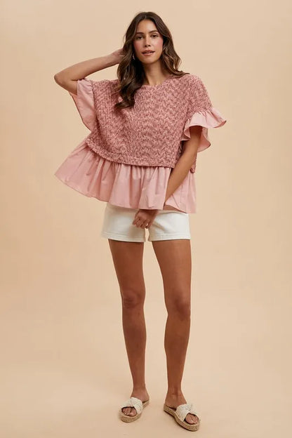 Mix Media Ruffle Textured Knit Top