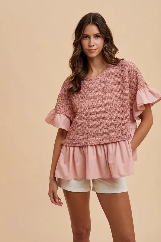 Mix Media Ruffle Textured Knit Top