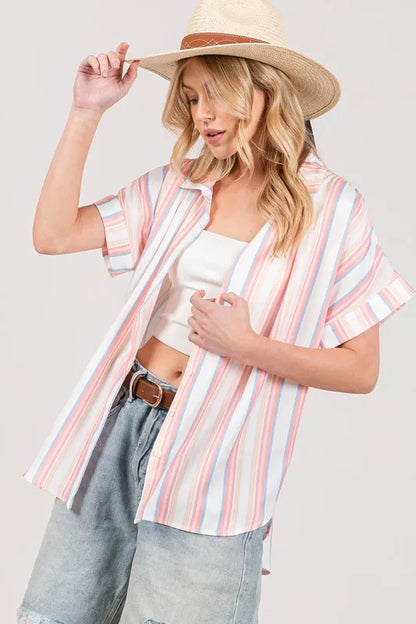 Multi Stripe Button Down Short Sleeve Oversized Shirt