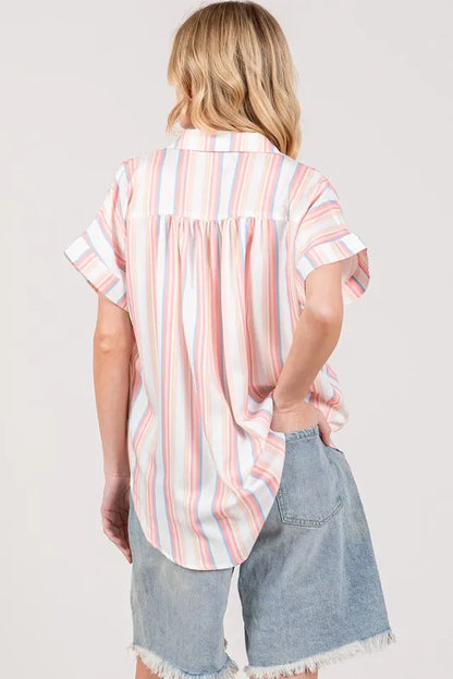 Multi Stripe Button Down Short Sleeve Oversized Shirt