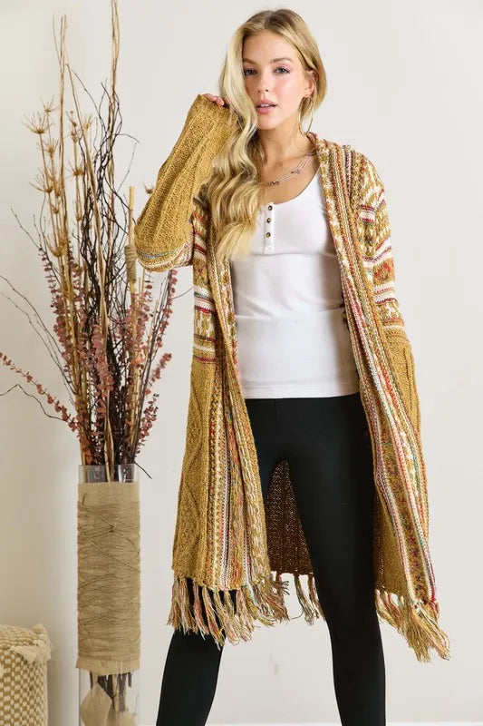 Mustard Fringe Hem Aztec Cardigan