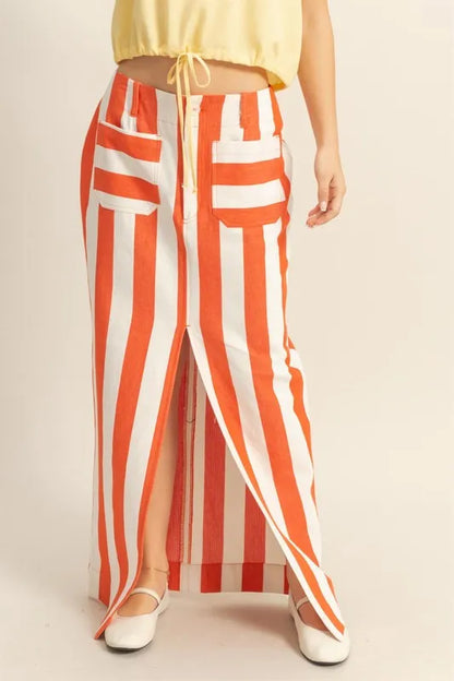 Orange Striped Pocket Detail Maxi Skirt