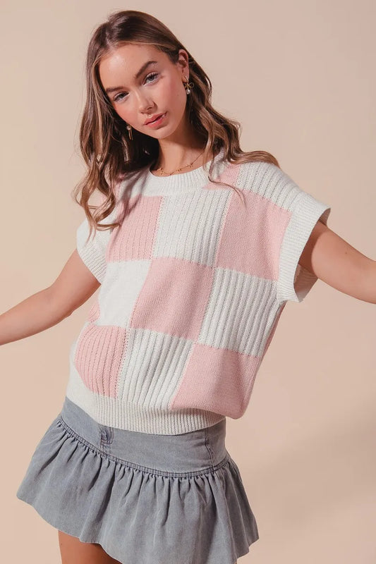 Pink Check Plaid Short Sleeve Sweater Top