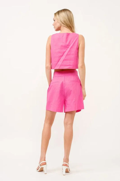 Pink High Waist Wide Leg Mid Length Shorts