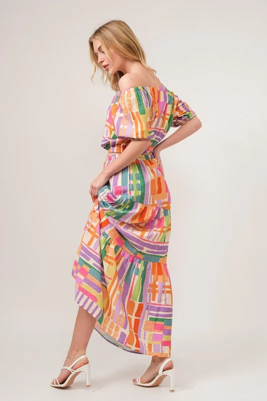 Puff Sleeve Elastic Edges Geo Printed Crop Top