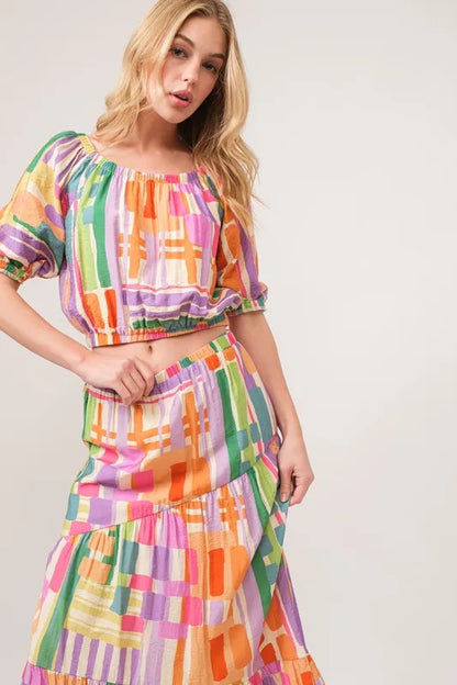 Puff Sleeve Elastic Edges Geo Printed Crop Top