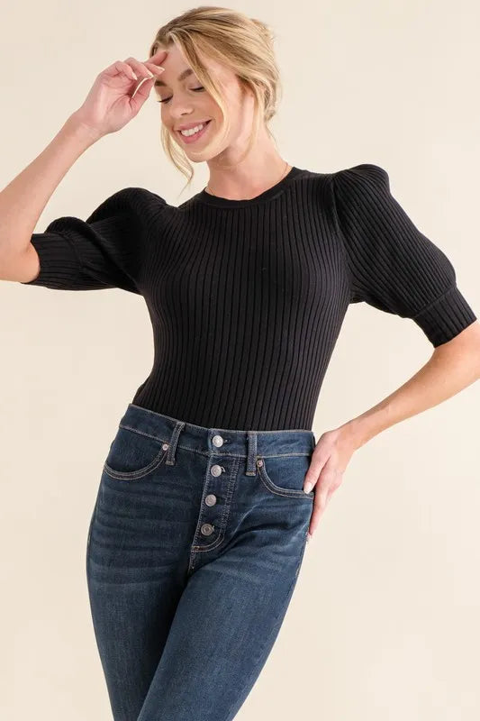 Puffed Half Sleeve Rib Bodysuit-Bodysuit-Reef Love
