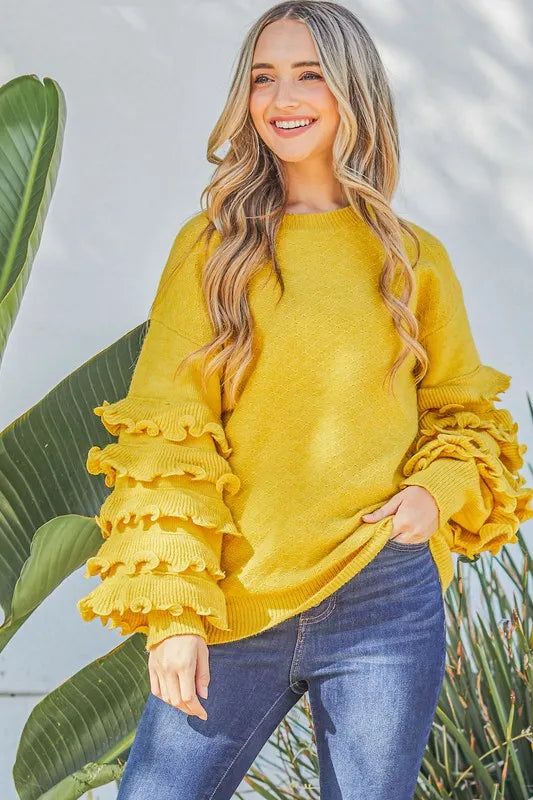 Puffy Ruffles Sleeve Cozy Sweater-Sweater-Reef Love