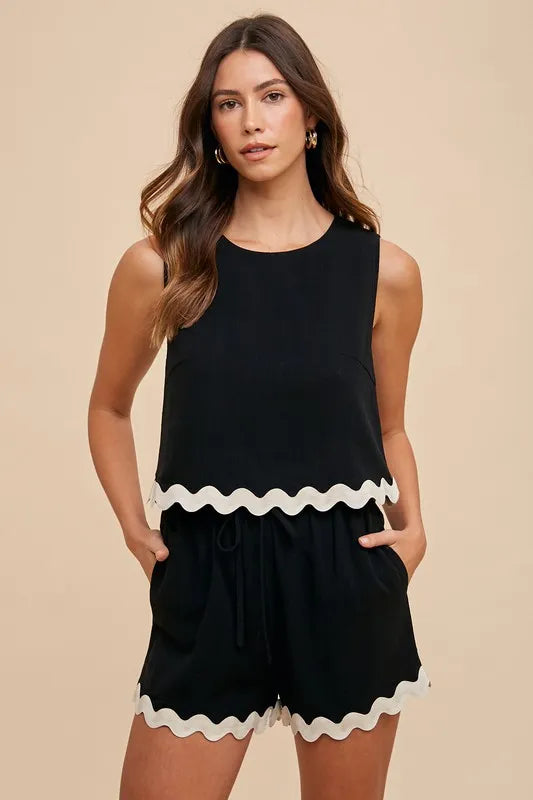 Ric Rac Trim Detailed Top & Shorts Set, Black
