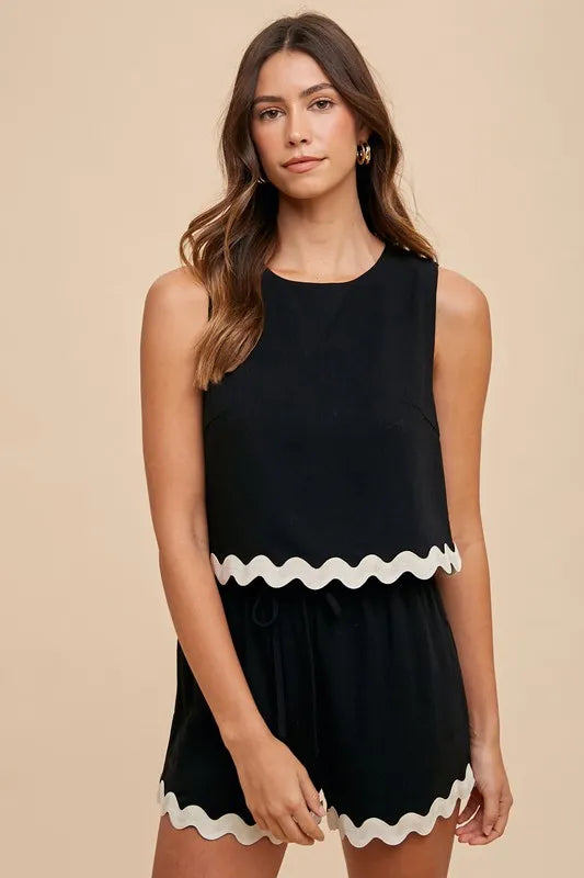 Ric Rac Trim Detailed Top & Shorts Set, Black