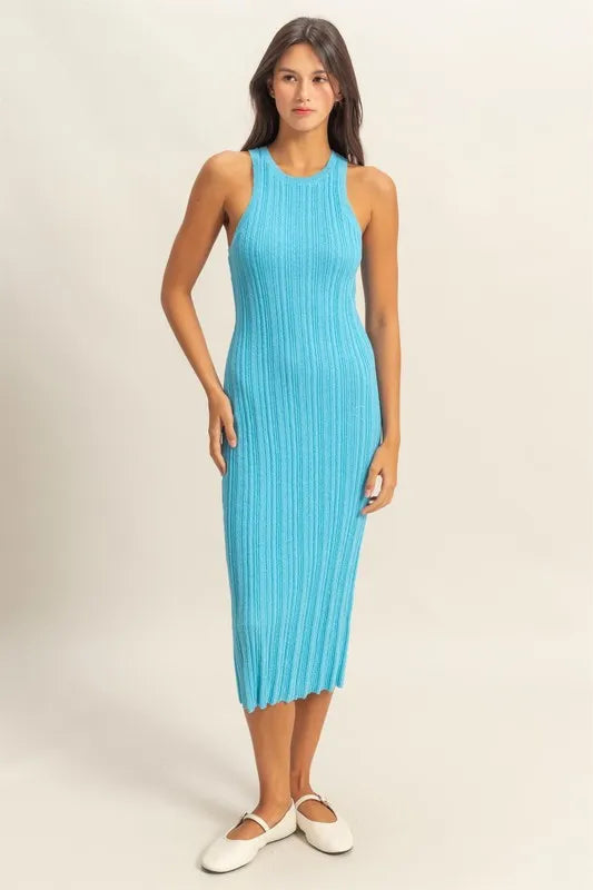 Round Neck Bodycon Ribbed Knit Dress, Sky Blue