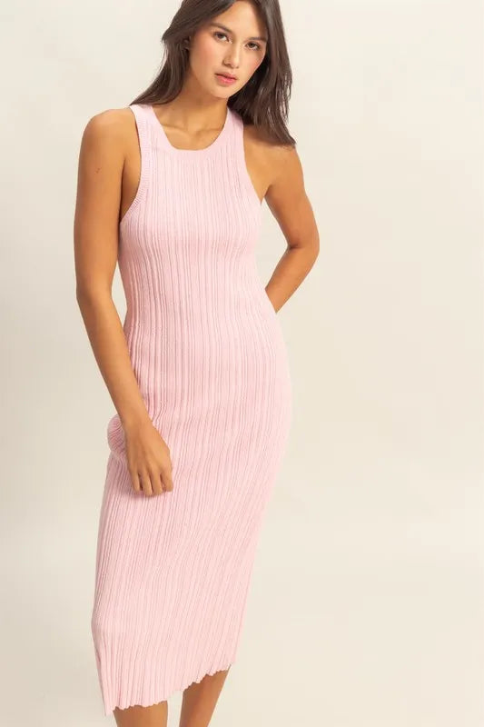 Round Neck Bodycon Ribbed Knit Dress, Soft Pink