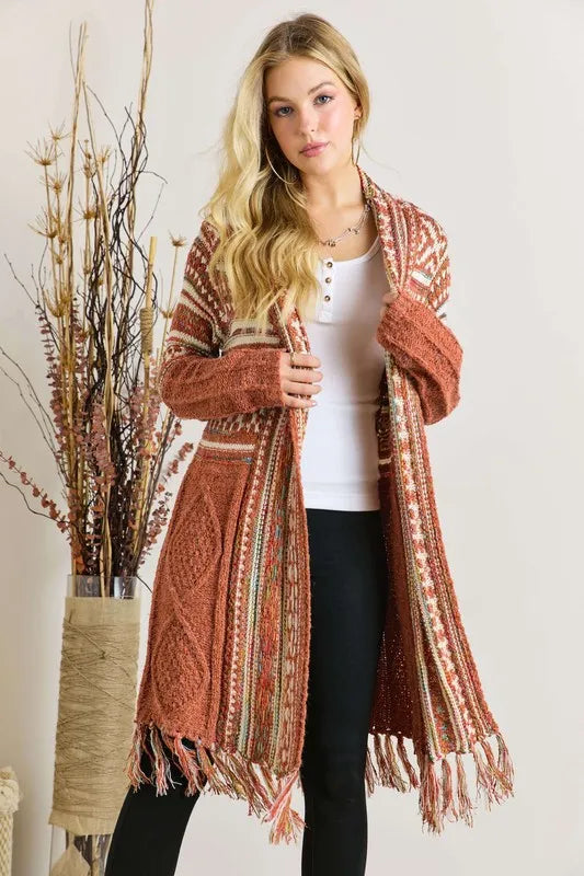 Rust Fringe Hem Aztec Cardigan
