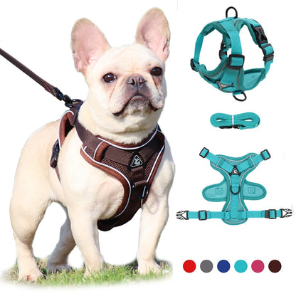 No Pull Dog Harness and Leash Set Adjustable Pet Harness Vest For Small Dogs, Reflective Mesh Dog Chest Strap French Bulldog