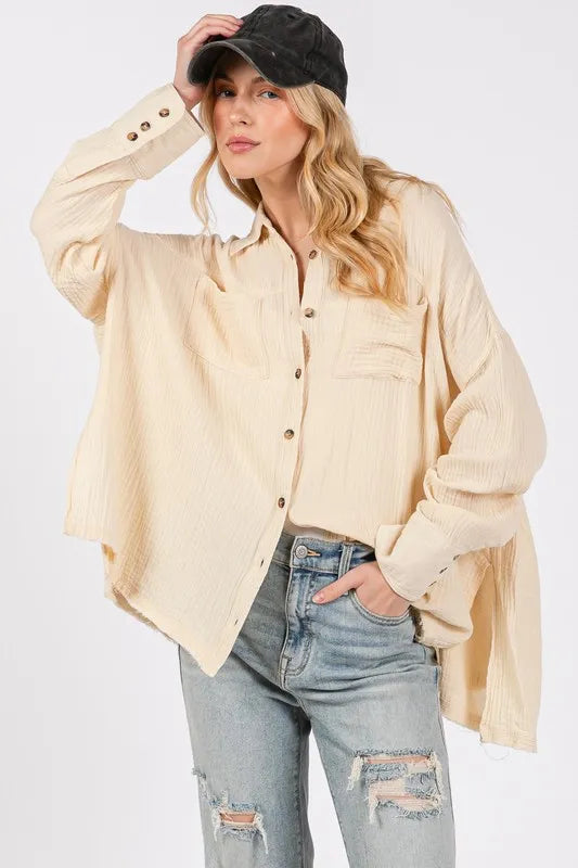 SAGE + FIG Frayed Hem Side Slit Button Down Shirt, Natural Beige