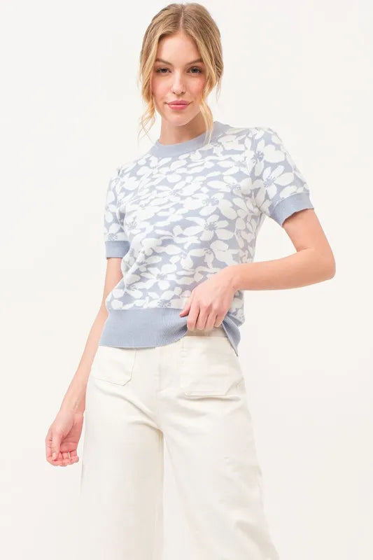 Short Sleeve Floral Pattern Knit Top-Knit Top-Reef Love