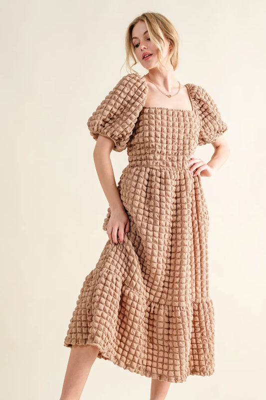 Smocked Square Neck Puff Sleeve Midi Dress-Midi Dress-Reef Love