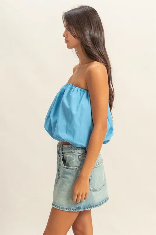 Trendy Strapless Bubble Top, Blue