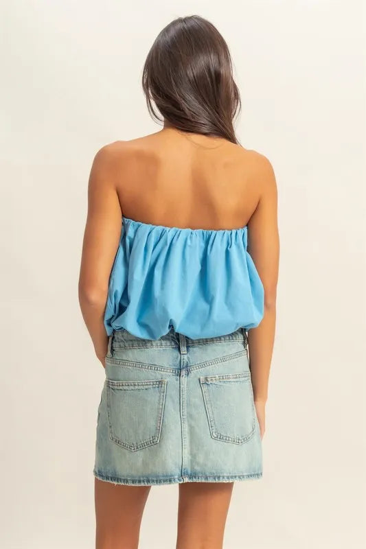 Trendy Strapless Bubble Top, Blue