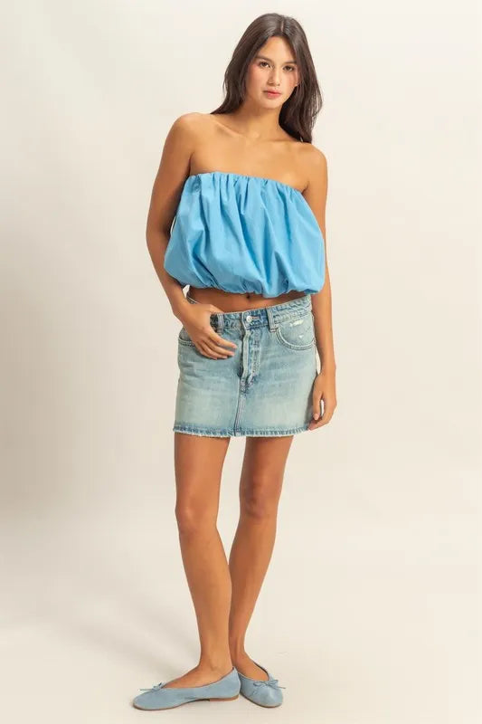 Trendy Strapless Bubble Top, Blue