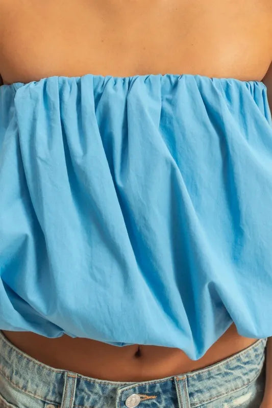 Trendy Strapless Bubble Top, Blue