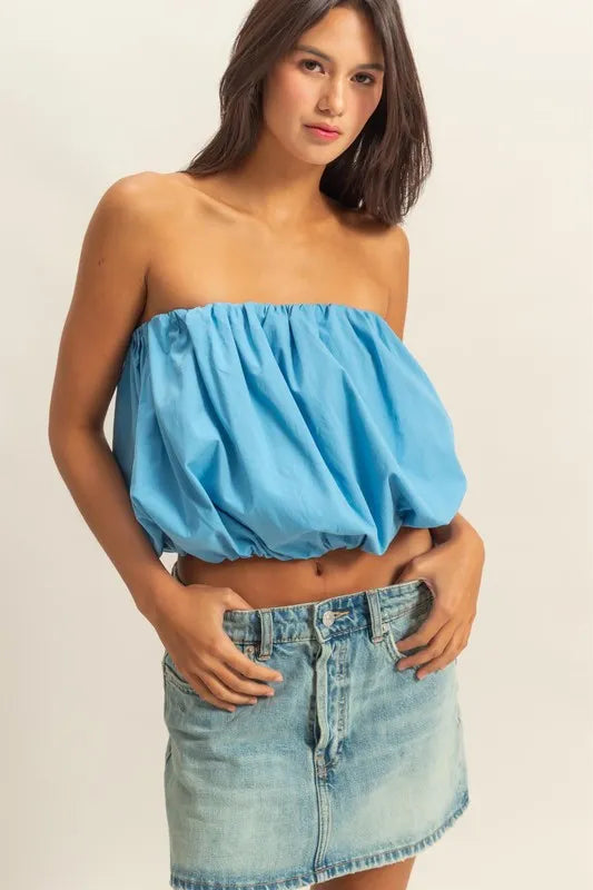 Trendy Strapless Bubble Top, Blue